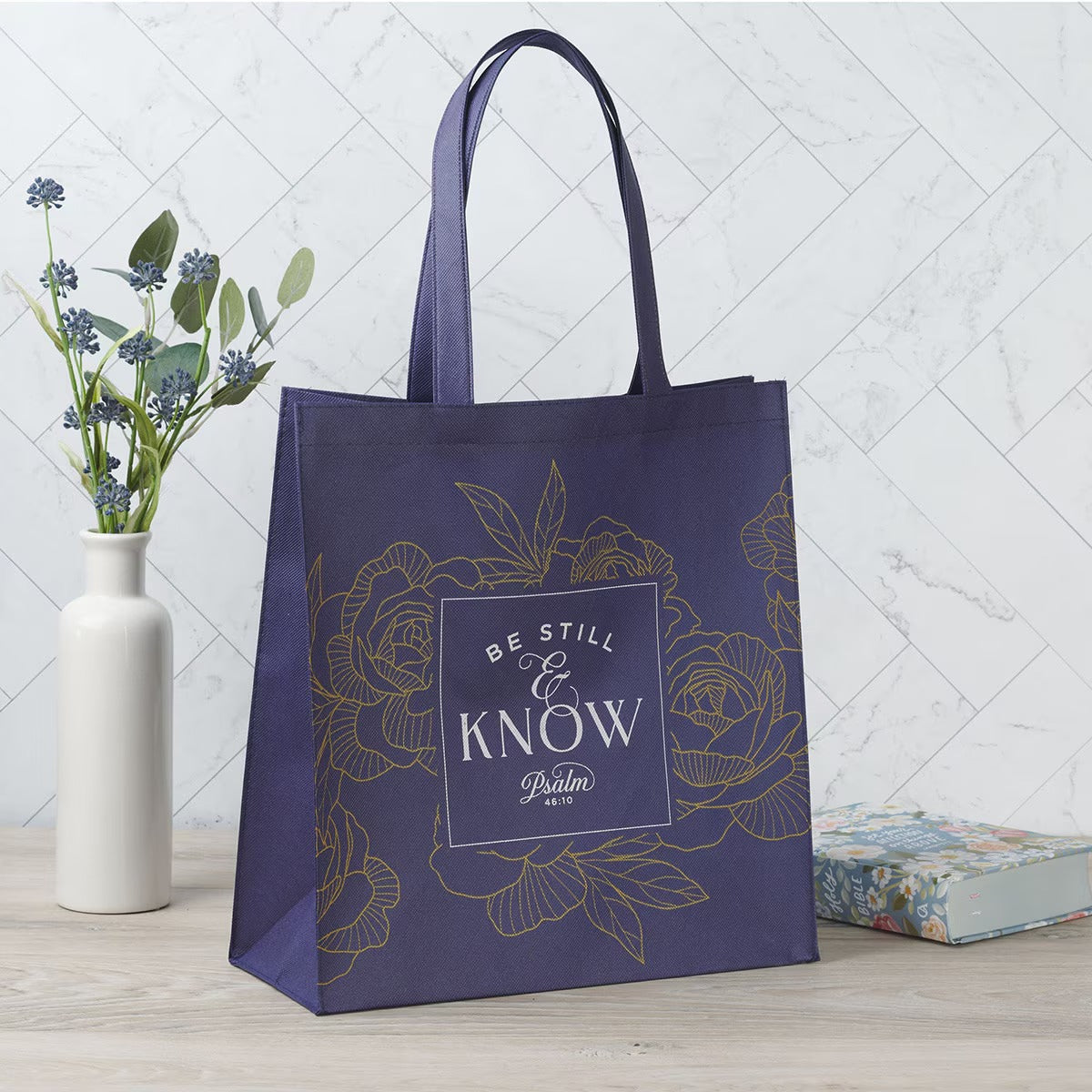 Be Still Navy Reusable Non-woven Shopping Tote Bag - Psalm 46:10 - The Christian Gift Company