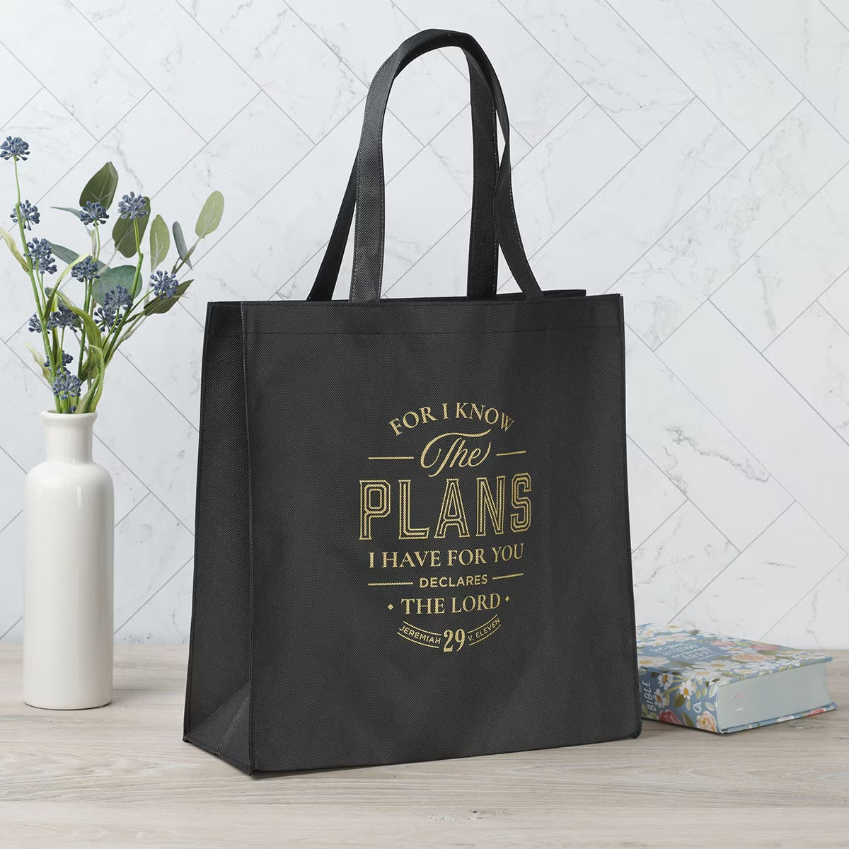The Plans Black Reusable Non-woven Shopping Tote Bag - Jeremiah 29:11 - The Christian Gift Company