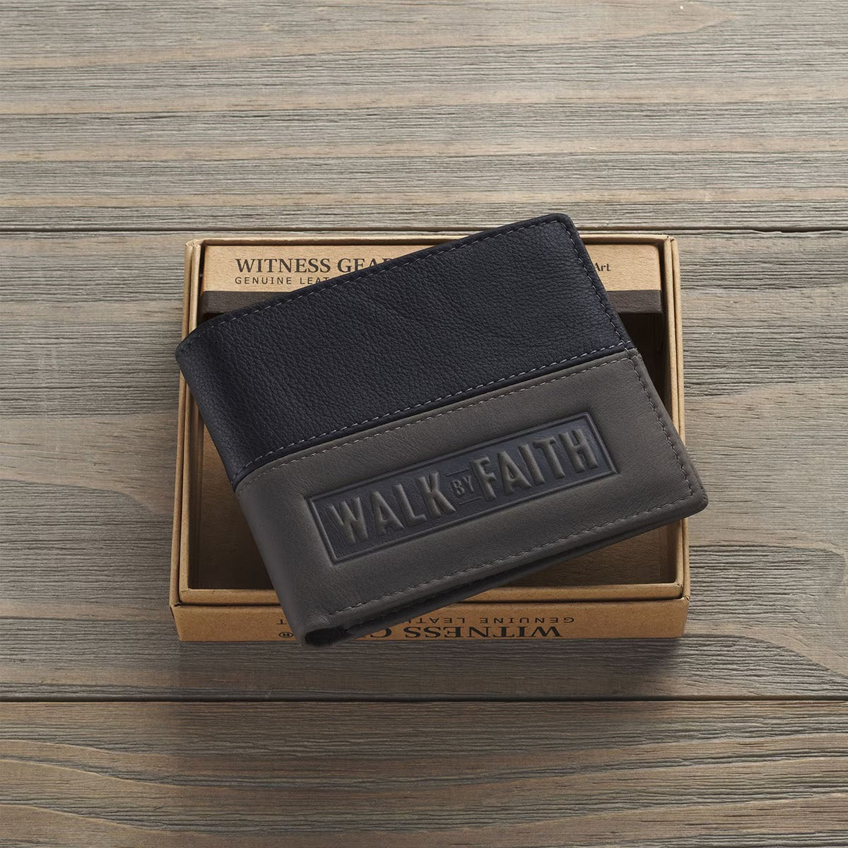 Walk by Faith Black and Grey Full Grain Leather Wallet - 2 Corinthians 5:7