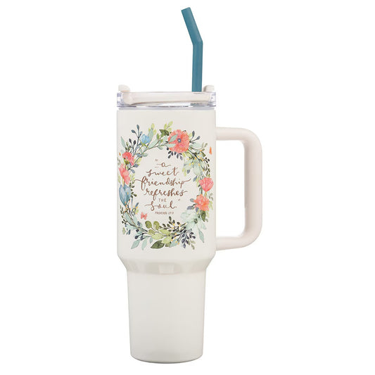 Sweet Friendship Stainless 40 oz Stainless Steel Travel Tumbler with Straw - Proverbs 27:9 - The Christian Gift Company