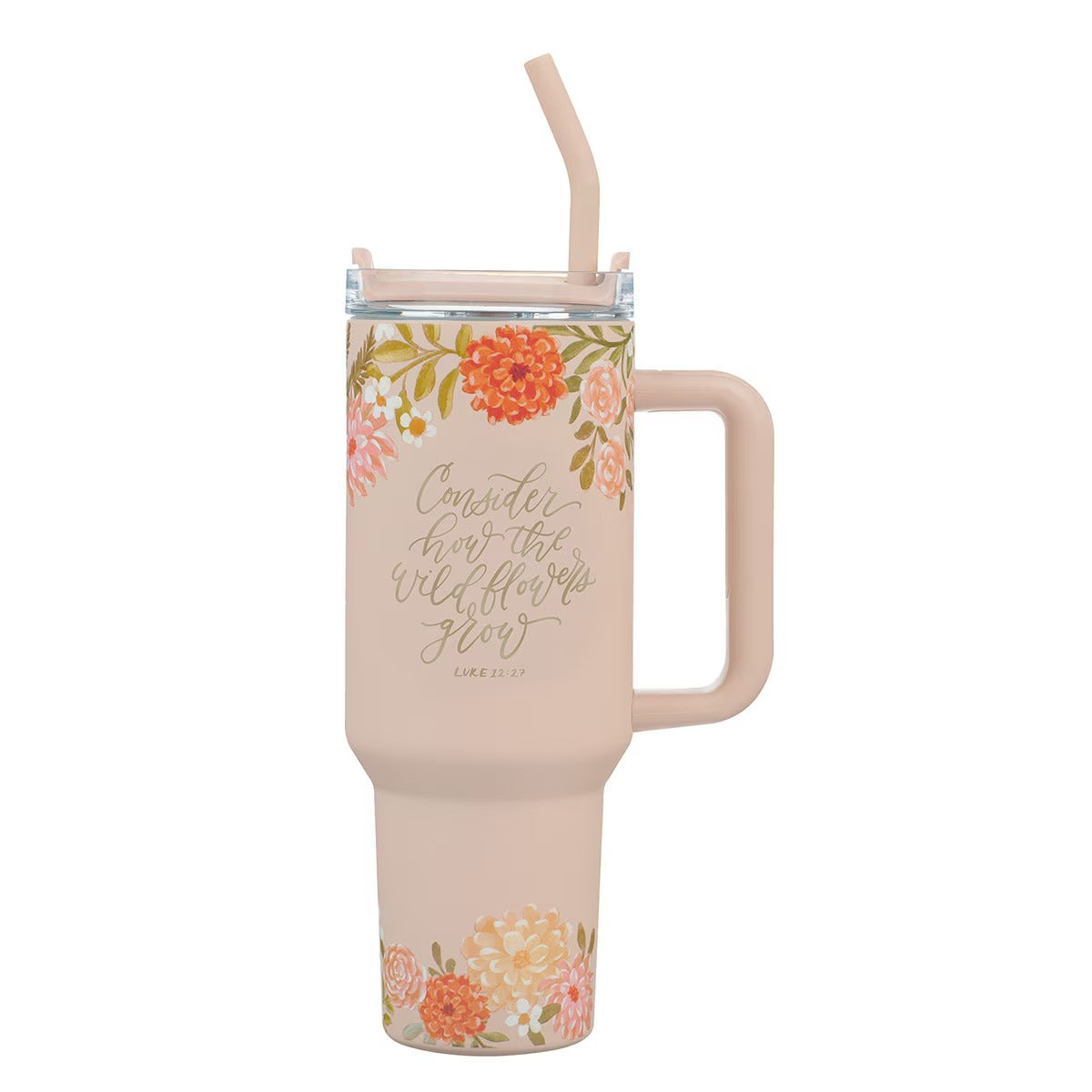 Consider the Wildflowers 40 oz Peach Stainless Steel Tumbler with Reusable Straw - Luke 12:27 - The Christian Gift Company