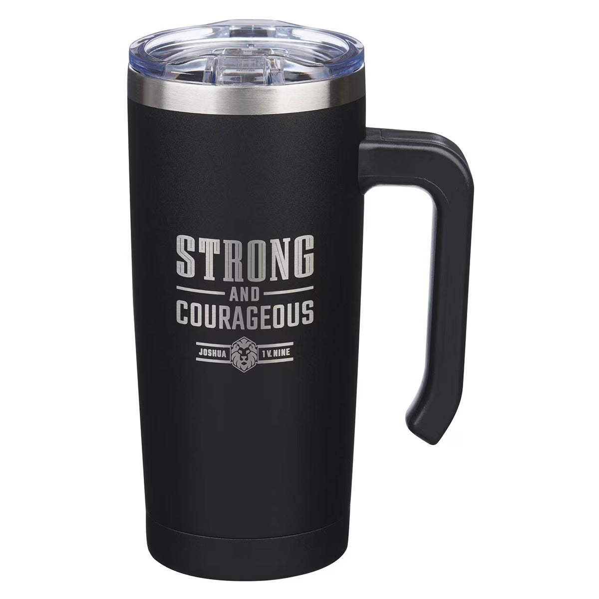 Strong and Courageous Black Stainless Steel Travel Mug with Handle - Joshua 1:9 - The Christian Gift Company