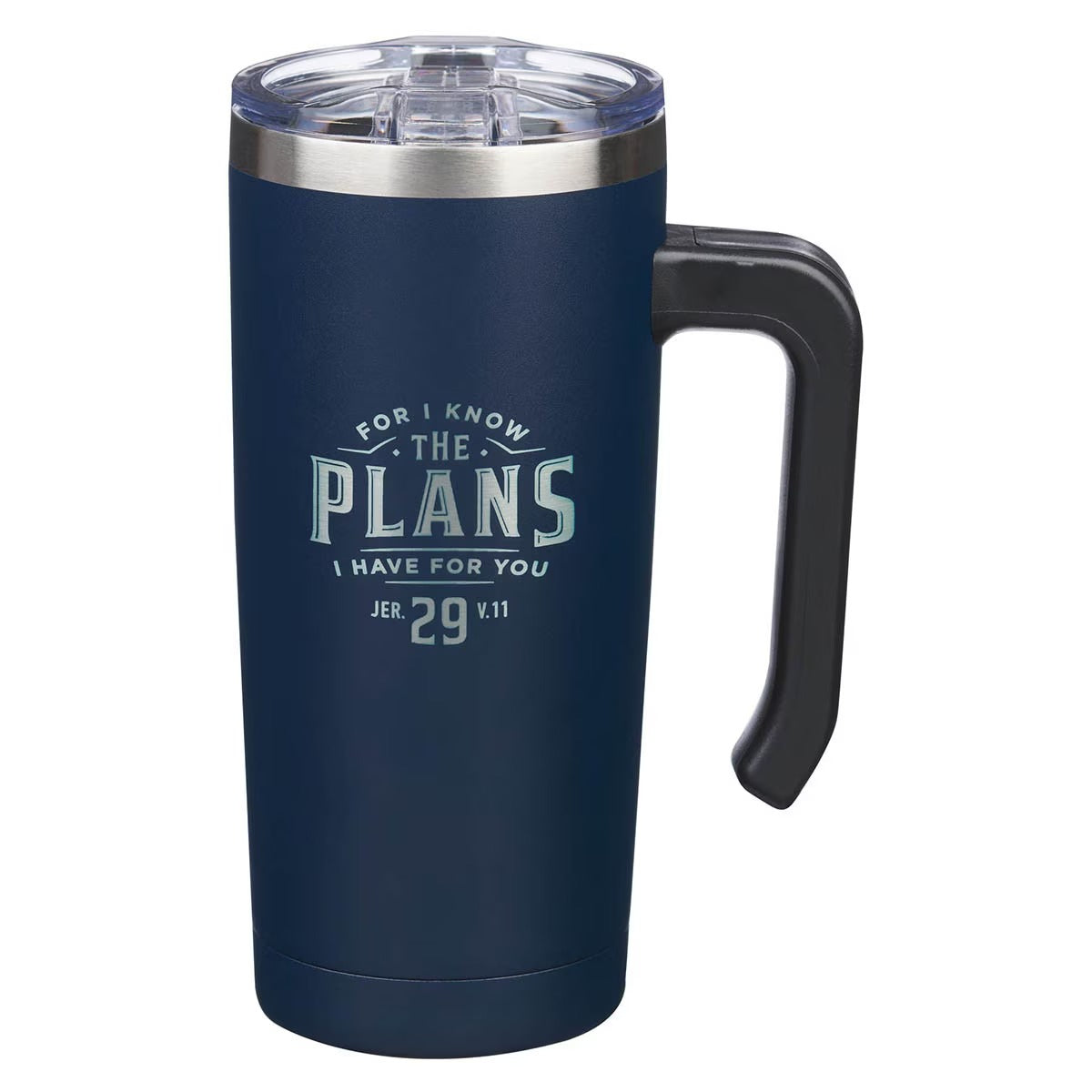 The Plans for You Navy Stainless Steel Travel Mug with Handle - Jeremiah 29:11 - The Christian Gift Company