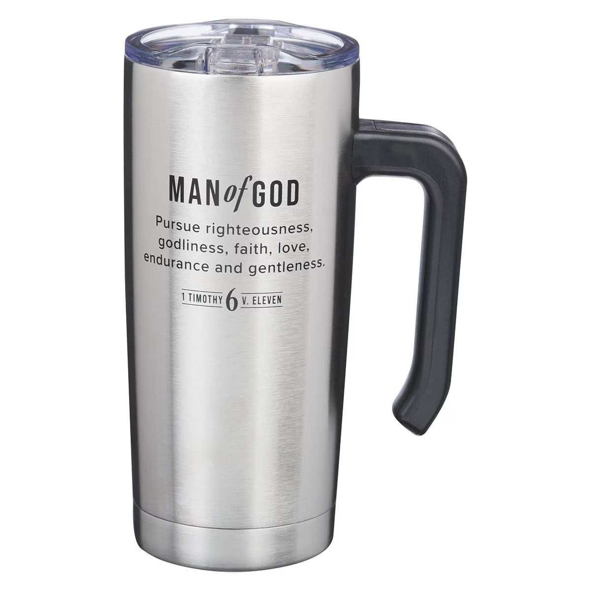 Man of God Stainless Steel Travel Mug with Handle - 1 Timothy 6:11 - The Christian Gift Company
