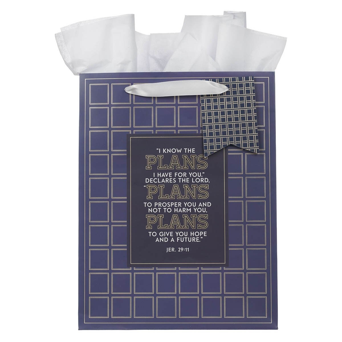 The Plans Modern Blue Grid Large Portrait Gift Bag - Jeremiah 29:11 - The Christian Gift Company