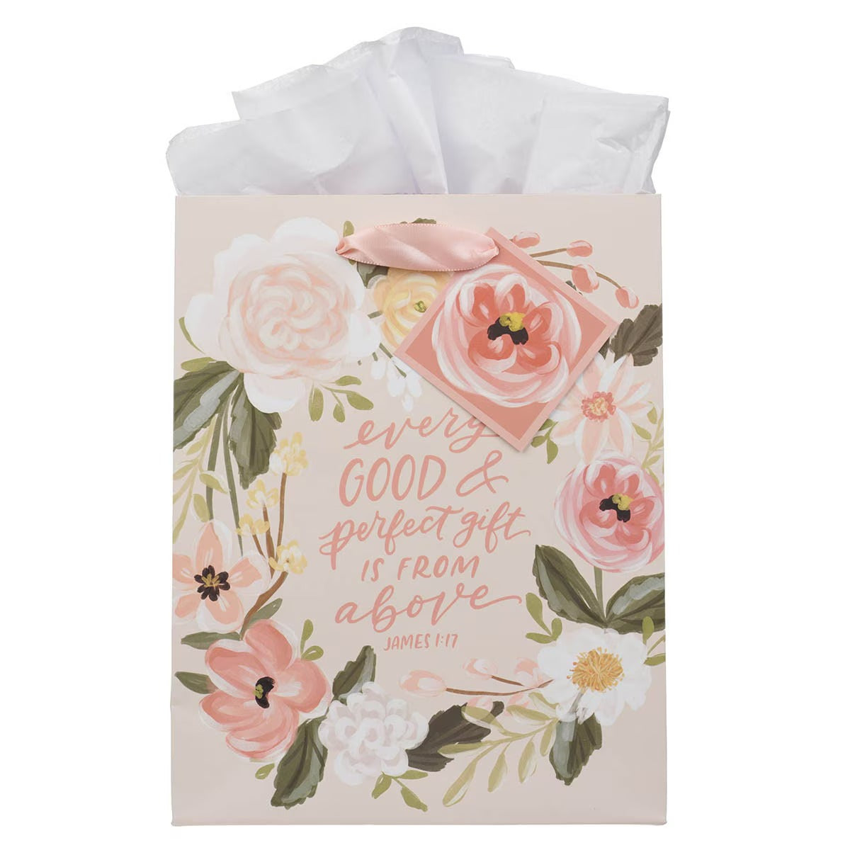 Every Good Gift Peach Floral Medium Gift Bag - James 1:17 - The Christian Gift Company