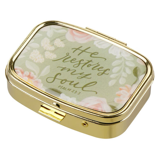 He Restores My Soul Green Floral Pill Case - Psalm 23:3 - The Christian Gift Company