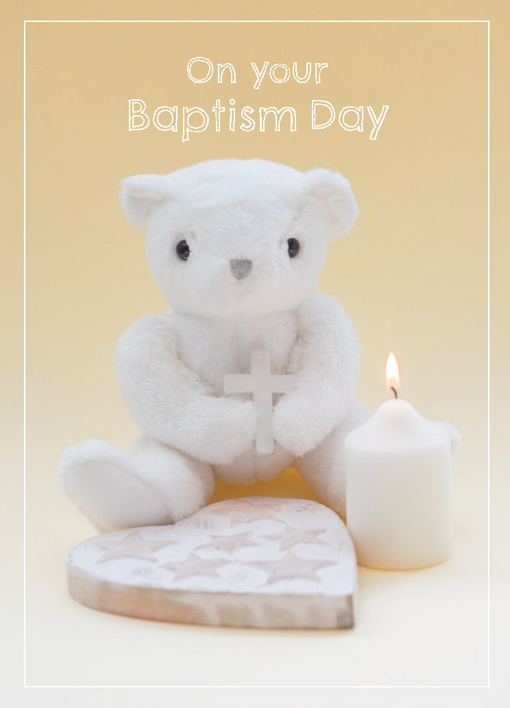 Baby Baptism Card - Toy Bear/Cross And Candle - The Christian Gift Company