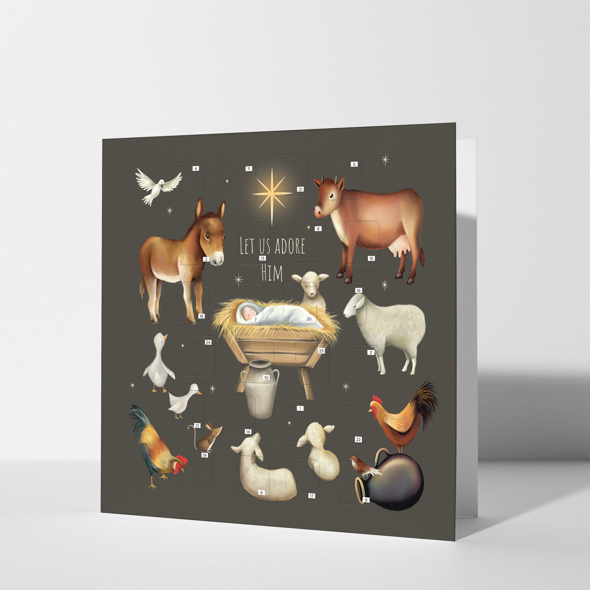 Christmas Story Square Advent Calendar Card - Manger with Animals - The Christian Gift Company