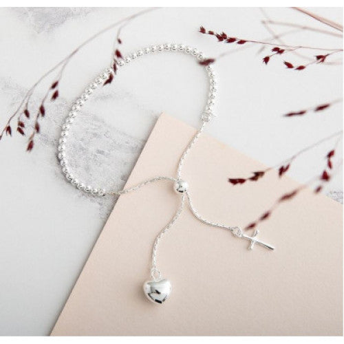 Silver Slider Bracelet with Heart and Cross - The Christian Gift Company