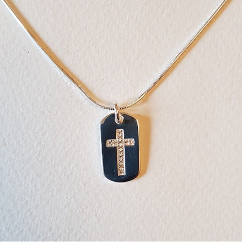 Solid Silver Dog Tag with Cubic Zirconia Cross Necklace - The Christian Gift Company