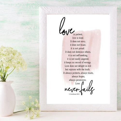 Love Is Patient Hand Lettering Print A4 Pink - The Christian Gift Company