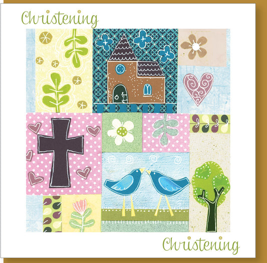Christening Card Patchwork Birds - The Christian Gift Company