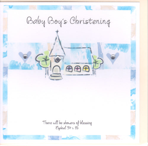 Baby Boy's Christening Card Church and Hearts - The Christian Gift Company