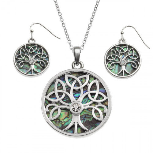 Celtic Tree Of Life Paua Shell Necklace and Earrings Set - The Christian Gift Company