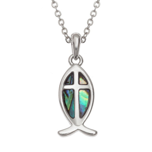 Paua Shell Fish Necklace With Cross (Green/Blue) - The Christian Gift Company