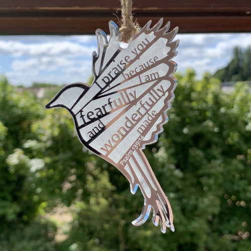 Fearfully and Wonderfully Made Laser Cut Silver Acrylic Bird - The Christian Gift Company