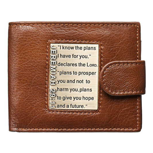 I Know the Plans Timber Spice Brown Genuine Leather Wallet with Brass Inlay - Jeremiah 29:11 - The Christian Gift Company