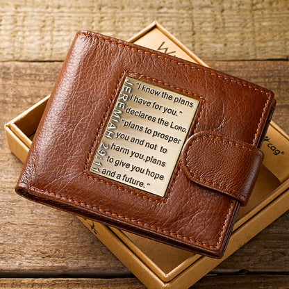 I Know the Plans Timber Spice Brown Genuine Leather Wallet with Brass Inlay - Jeremiah 29:11 - The Christian Gift Company