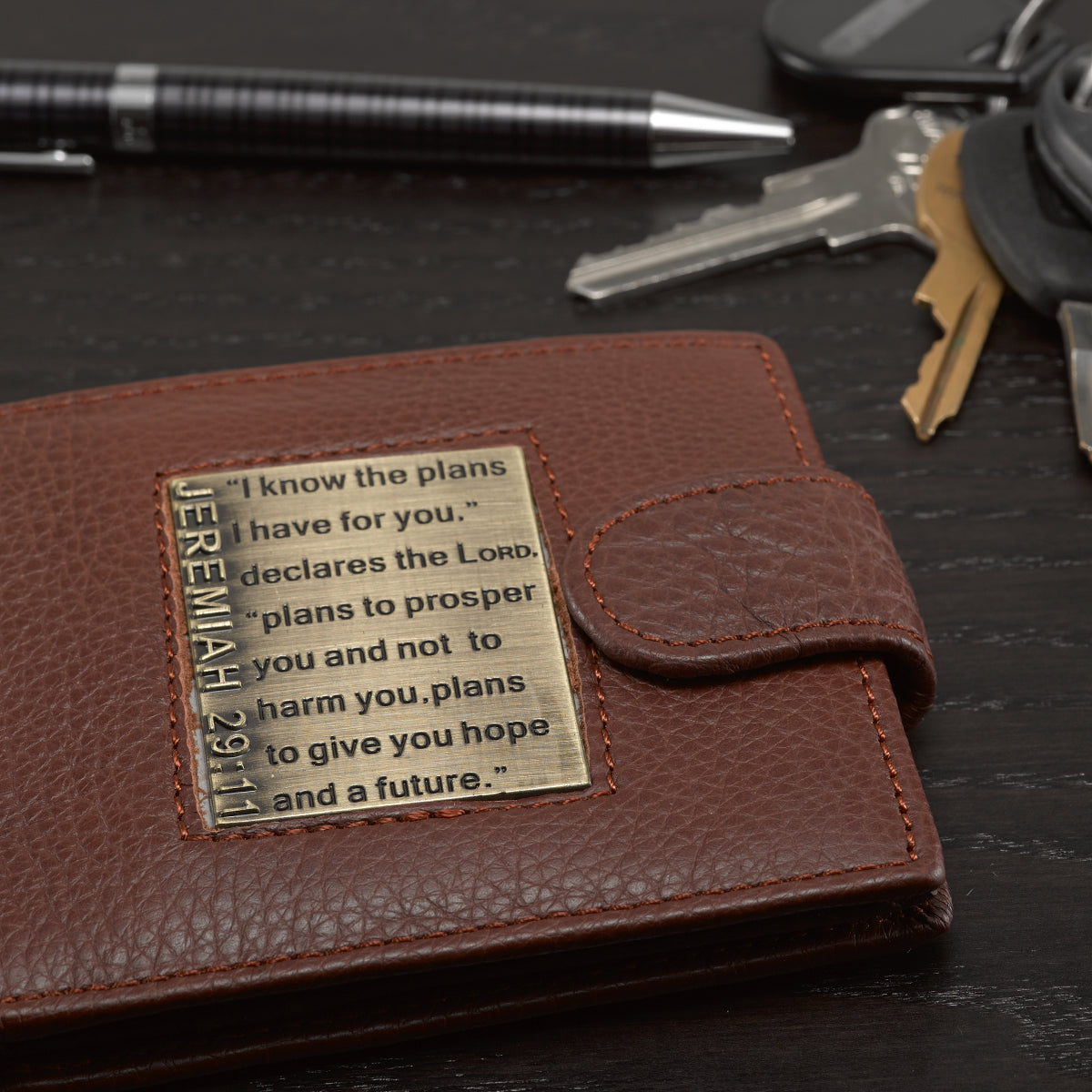 I Know the Plans Timber Spice Brown Genuine Leather Wallet with Brass Inlay - Jeremiah 29:11 - The Christian Gift Company