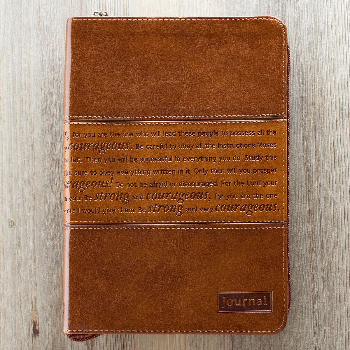 Strong and Courageous Zippered Classic Faux Leather Journal - Joshua 1:5-7 - The Christian Gift Company