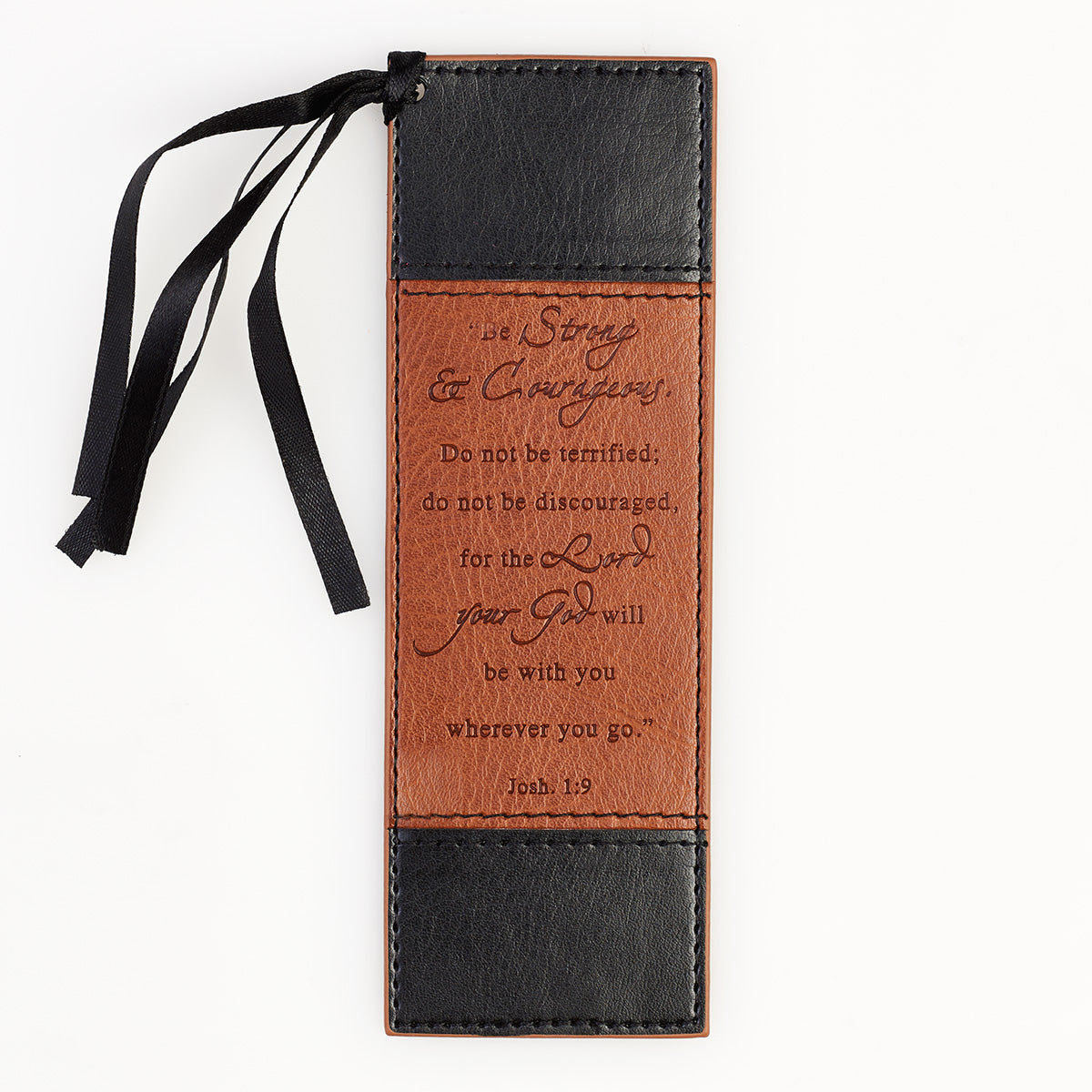 Strong & Courageous Black and Tan Faux Leather Bookmark - Joshua 1:9 - The Christian Gift Company