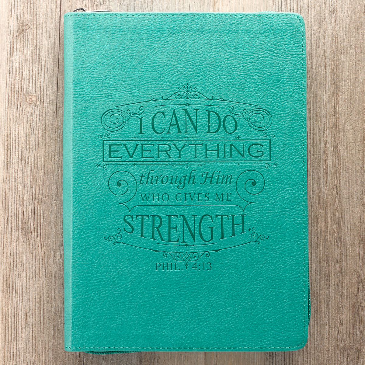 I Can Do Everything Zipped Faux Leather Journal In Turquoise - Philippians 4:13 - The Christian Gift Company