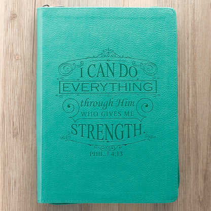 I Can Do Everything Zipped Faux Leather Journal In Turquoise - Philippians 4:13 - The Christian Gift Company