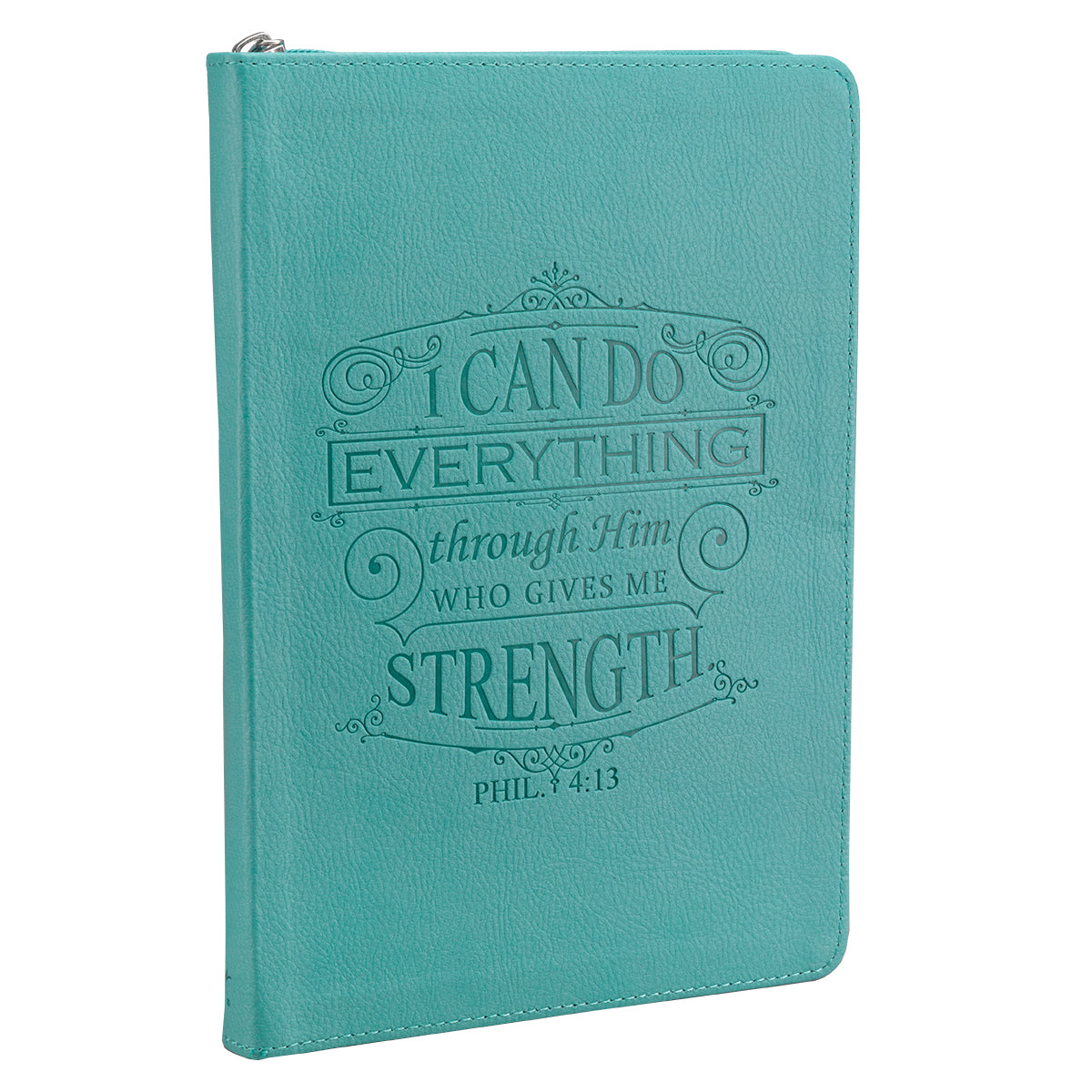 I Can Do Everything Zipped Faux Leather Journal In Turquoise - Philippians 4:13 - The Christian Gift Company