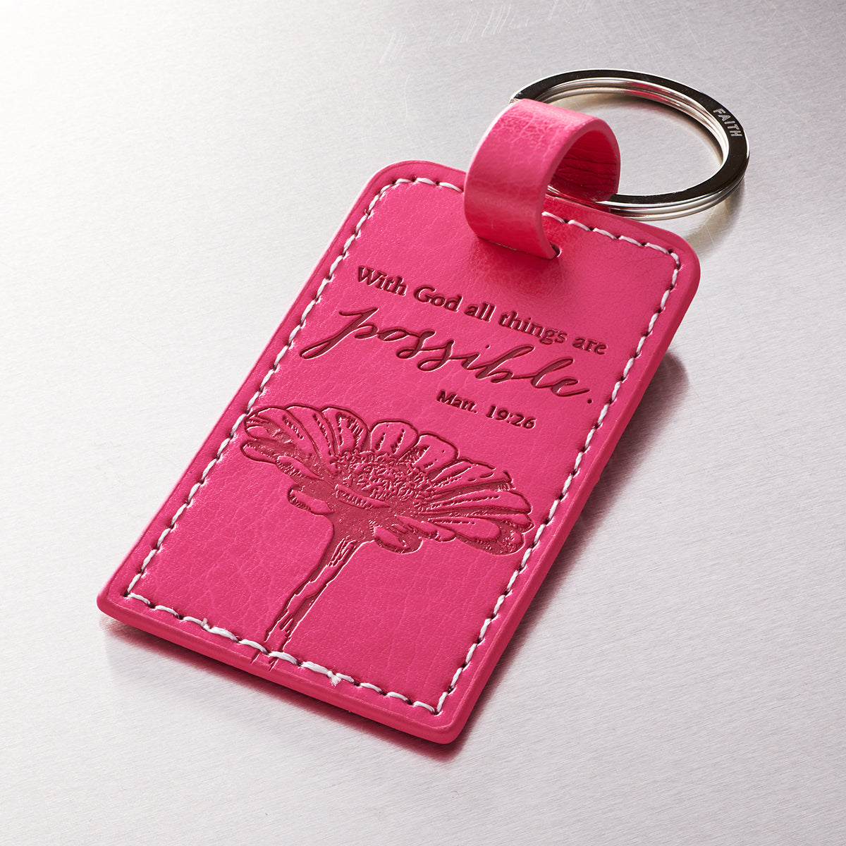 All Things are Possible Bright Pink Faux Leather Key Ring - Matthew 19:26 - The Christian Gift Company