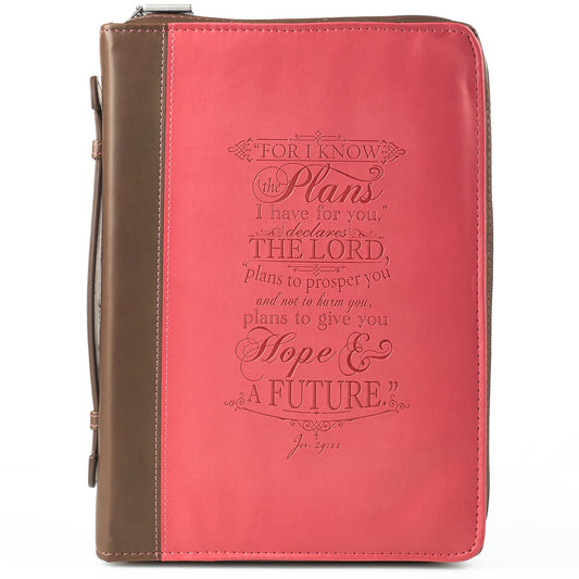 I Know The Plans Pink and Brown Faux Leather Fashion Bible Cover - Jeremiah 29:11 - The Christian Gift Company