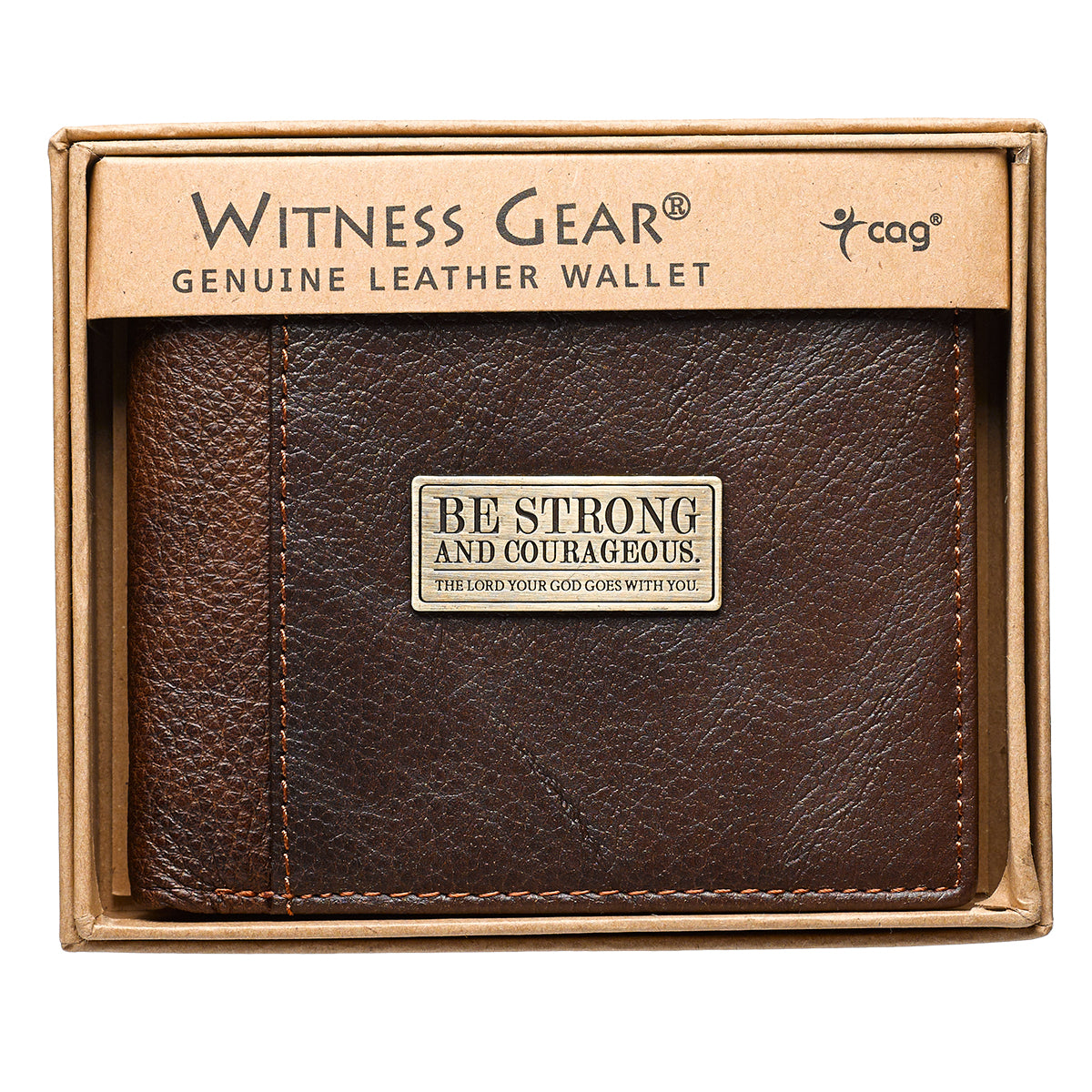 Strong and Courageous Two-tone Brown Full Grain Leather Wallet - Joshua 1:9 - The Christian Gift Company