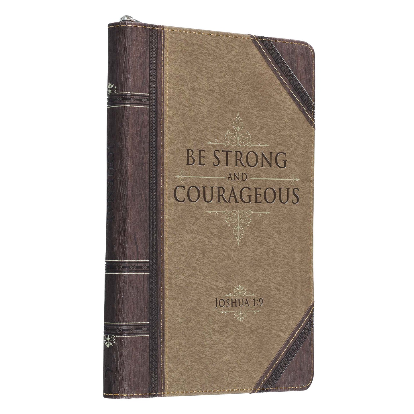 Strong and Courageous Antiqued Zipped Classic Faux Leather Journal - Joshua 1:9 - The Christian Gift Company