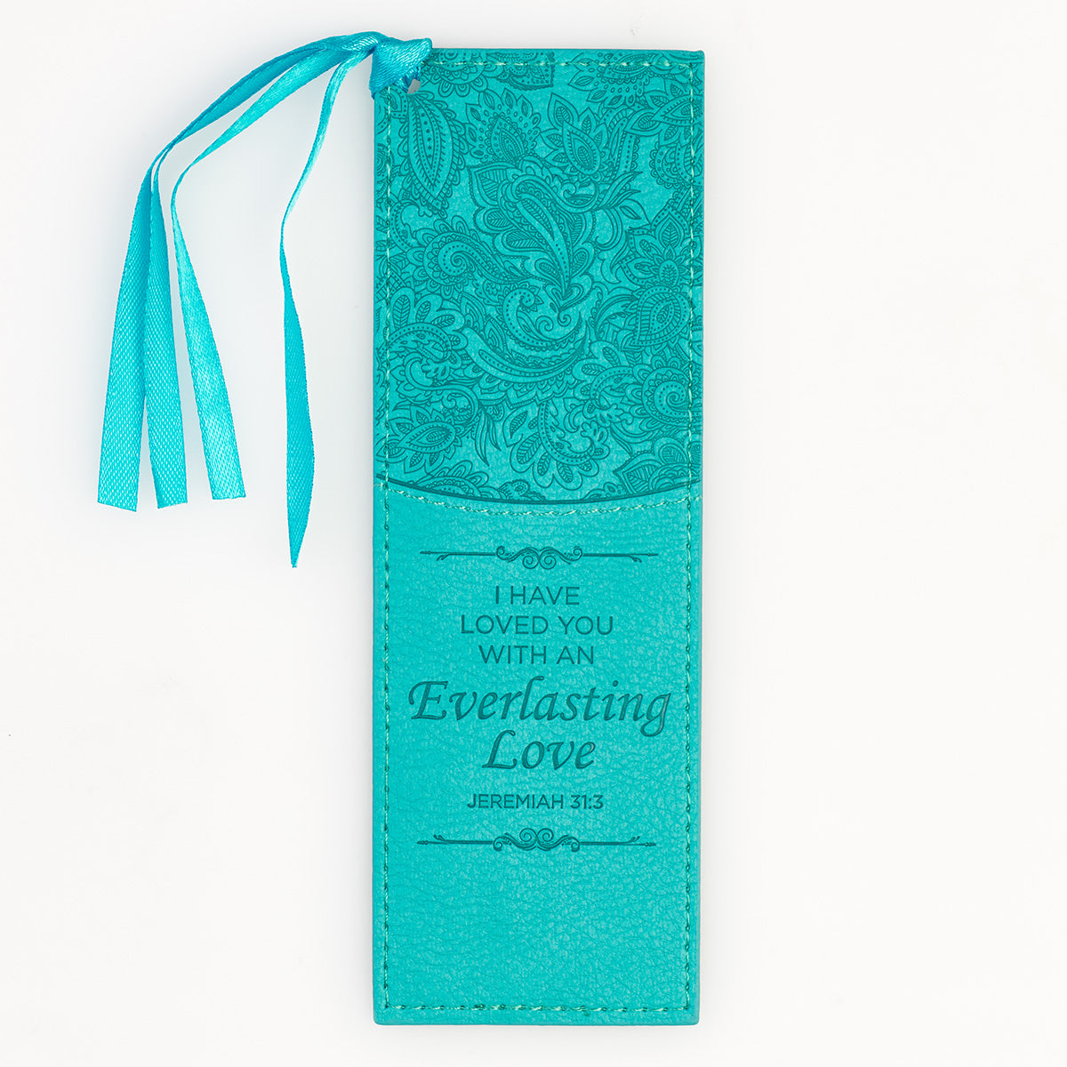 Bookmark Faux Leather Teal Everlasting Love Jer. 31:3 - The Christian Gift Company