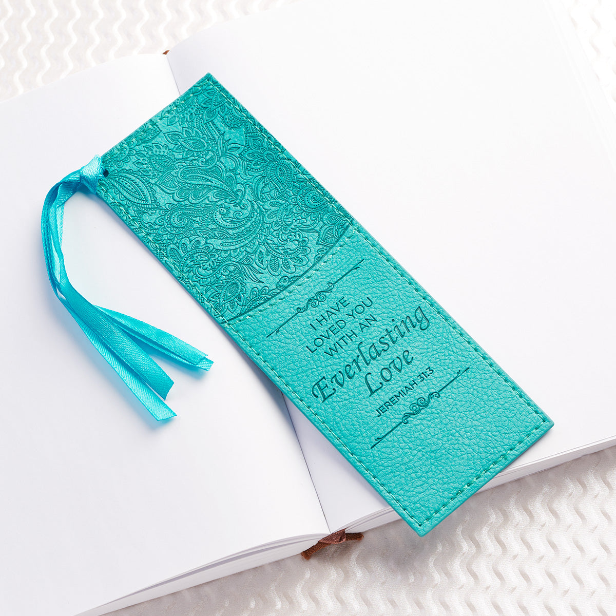 Bookmark Faux Leather Teal Everlasting Love Jer. 31:3 - The Christian Gift Company