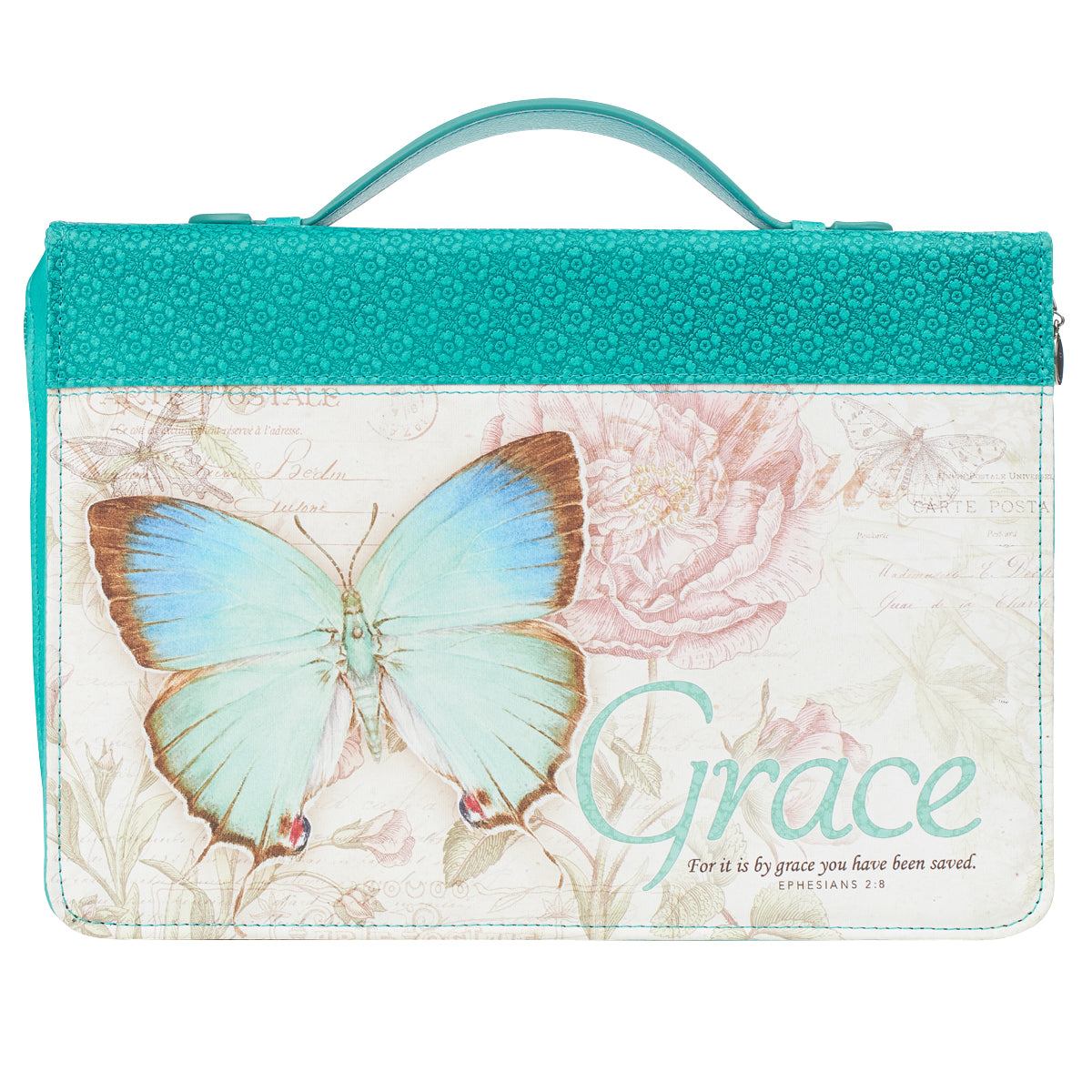 Grace Butterfly Blessings Teal Faux Leather Fashion Bible Cover - Ephesians 2:8 - The Christian Gift Company