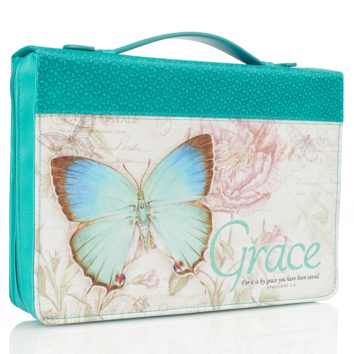 Grace Butterfly Blessings Teal Faux Leather Fashion Bible Cover - Ephesians 2:8 - The Christian Gift Company