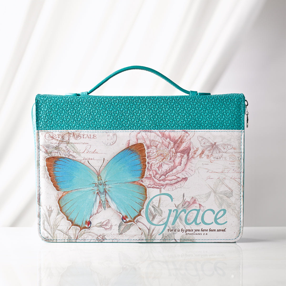 Grace Butterfly Blessings Teal Faux Leather Fashion Bible Cover - Ephesians 2:8 - The Christian Gift Company