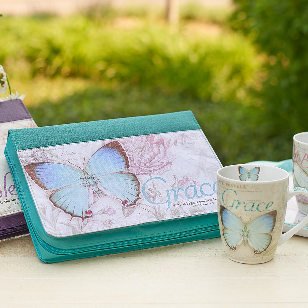 Grace Butterfly Blessings Teal Faux Leather Fashion Bible Cover - Ephesians 2:8 - The Christian Gift Company