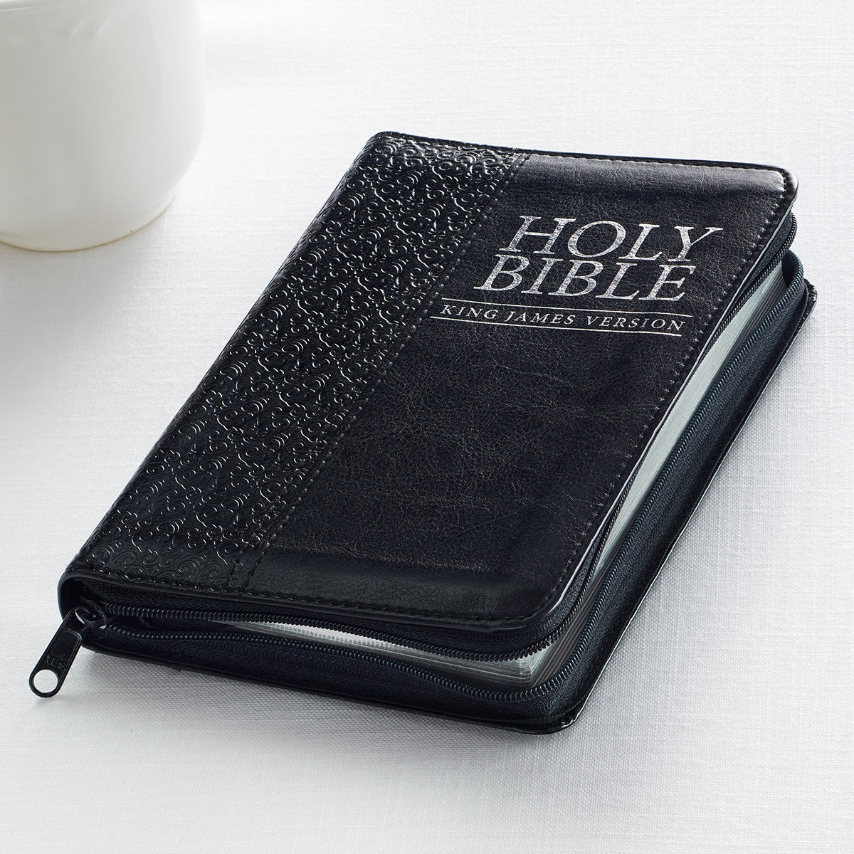 Black Faux Leather Compact King James Version Bible with Zippered Closure - The Christian Gift Company