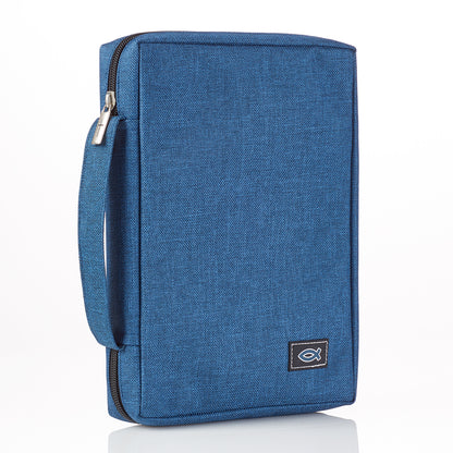 Blue Poly-canvas Bible Cover with Ichthus Fish Badge - The Christian Gift Company