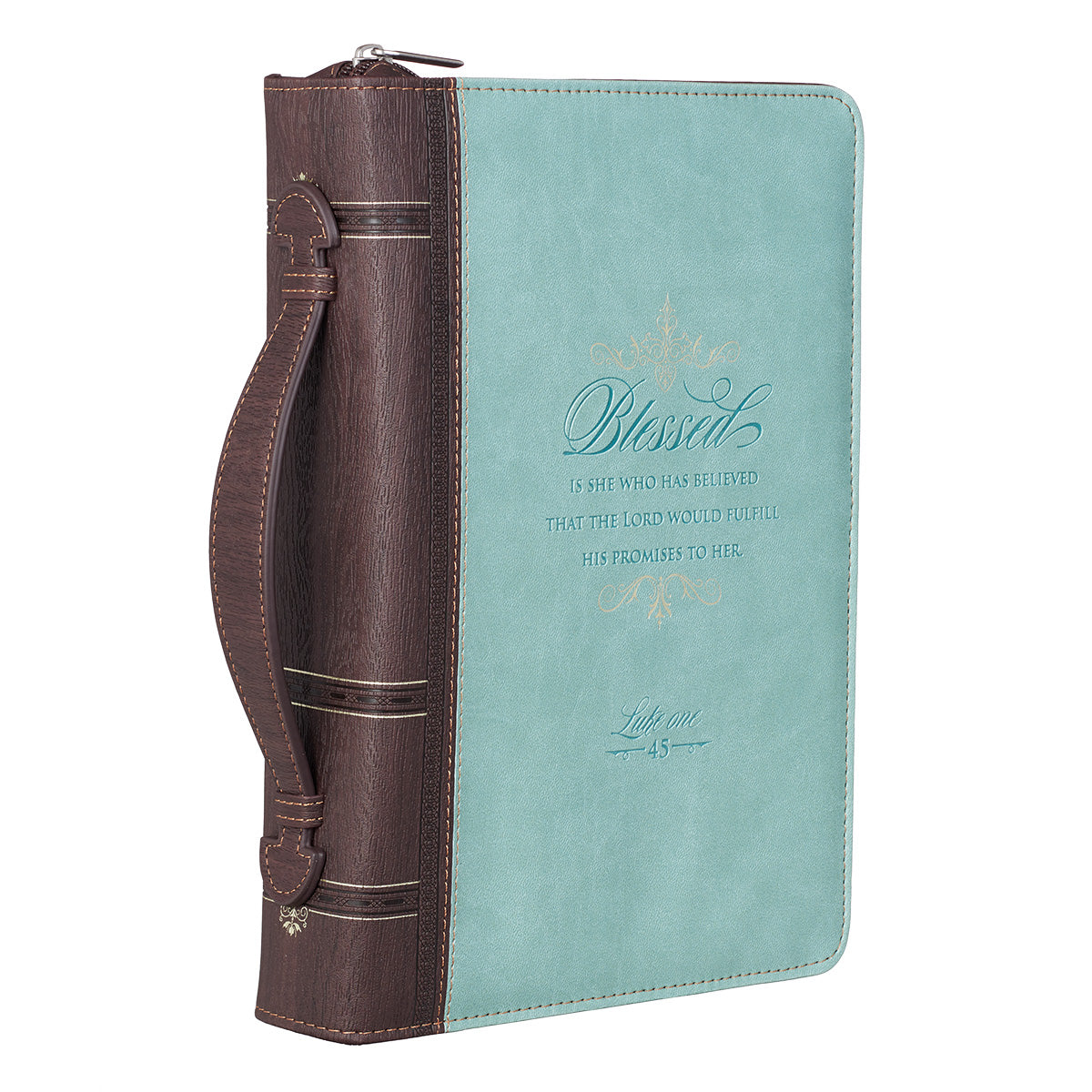 Blessed Light Blue Faux Leather Fashion Bible Cover - Luke 1:45 - The Christian Gift Company