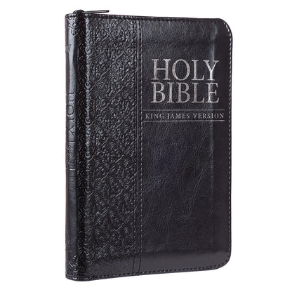 Black Faux Leather Mini Pocket King James Version Bible with Zippered Closure - The Christian Gift Company