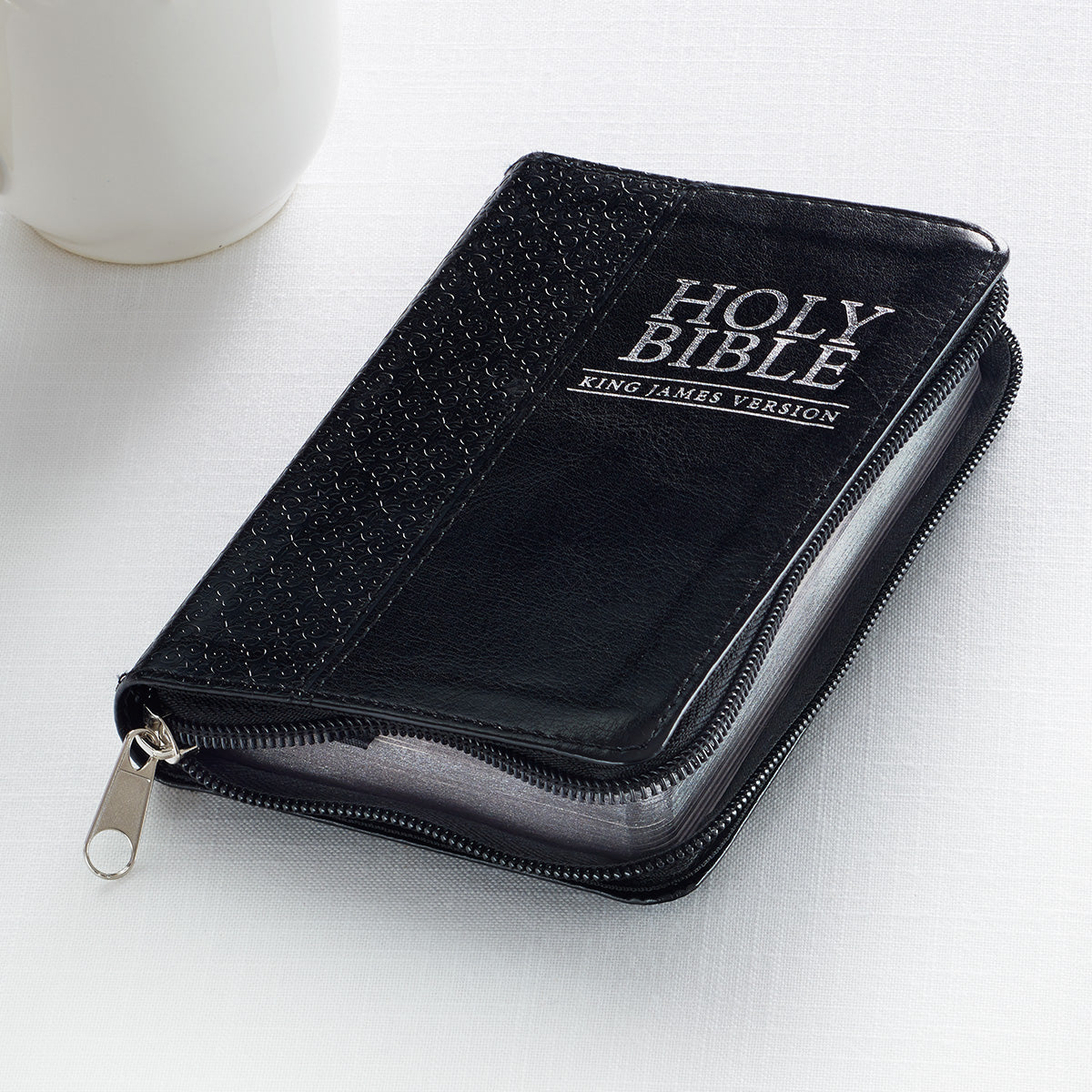 Black Faux Leather Mini Pocket King James Version Bible with Zippered Closure - The Christian Gift Company