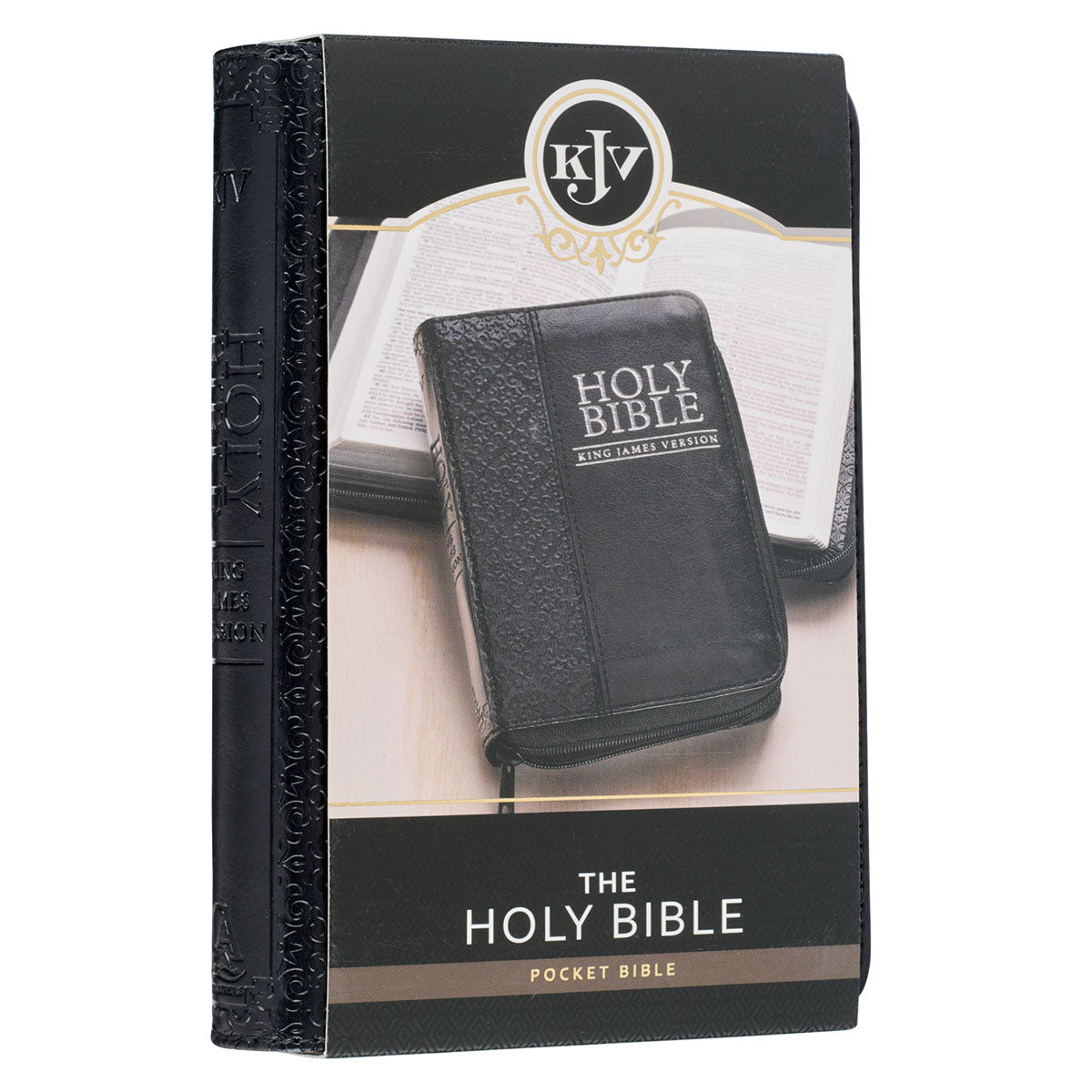 Black Faux Leather Mini Pocket King James Version Bible with Zippered Closure - The Christian Gift Company