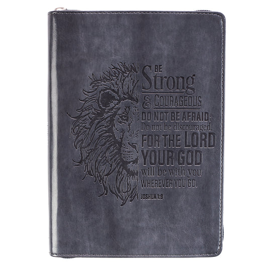 Be Strong and Courageous Classic Grey Faux Leather Journal with Zipper Closure - Joshua 1:9 - The Christian Gift Company