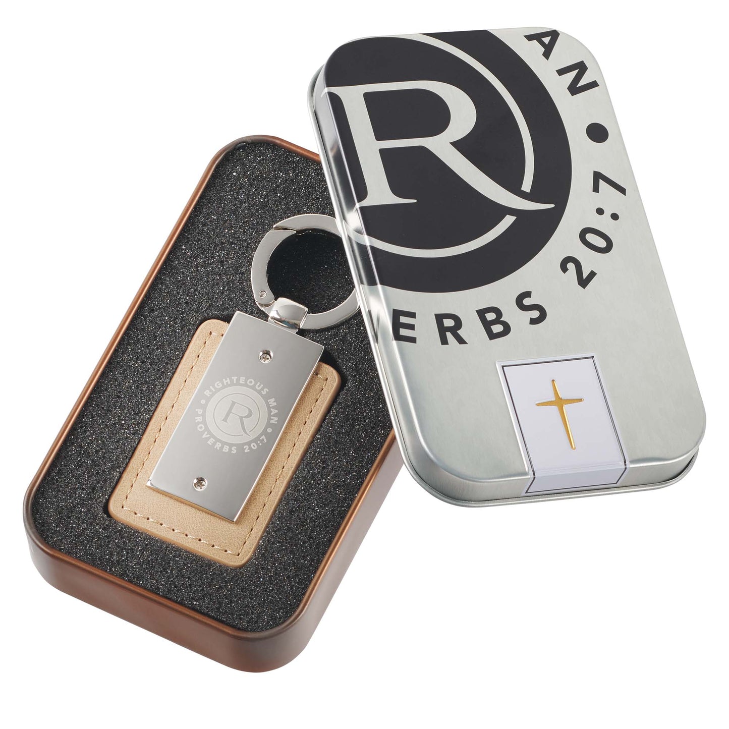 Righteous Man Silver and Tan Key Ring in Gift Tin - Proverbs 20:7 - The Christian Gift Company