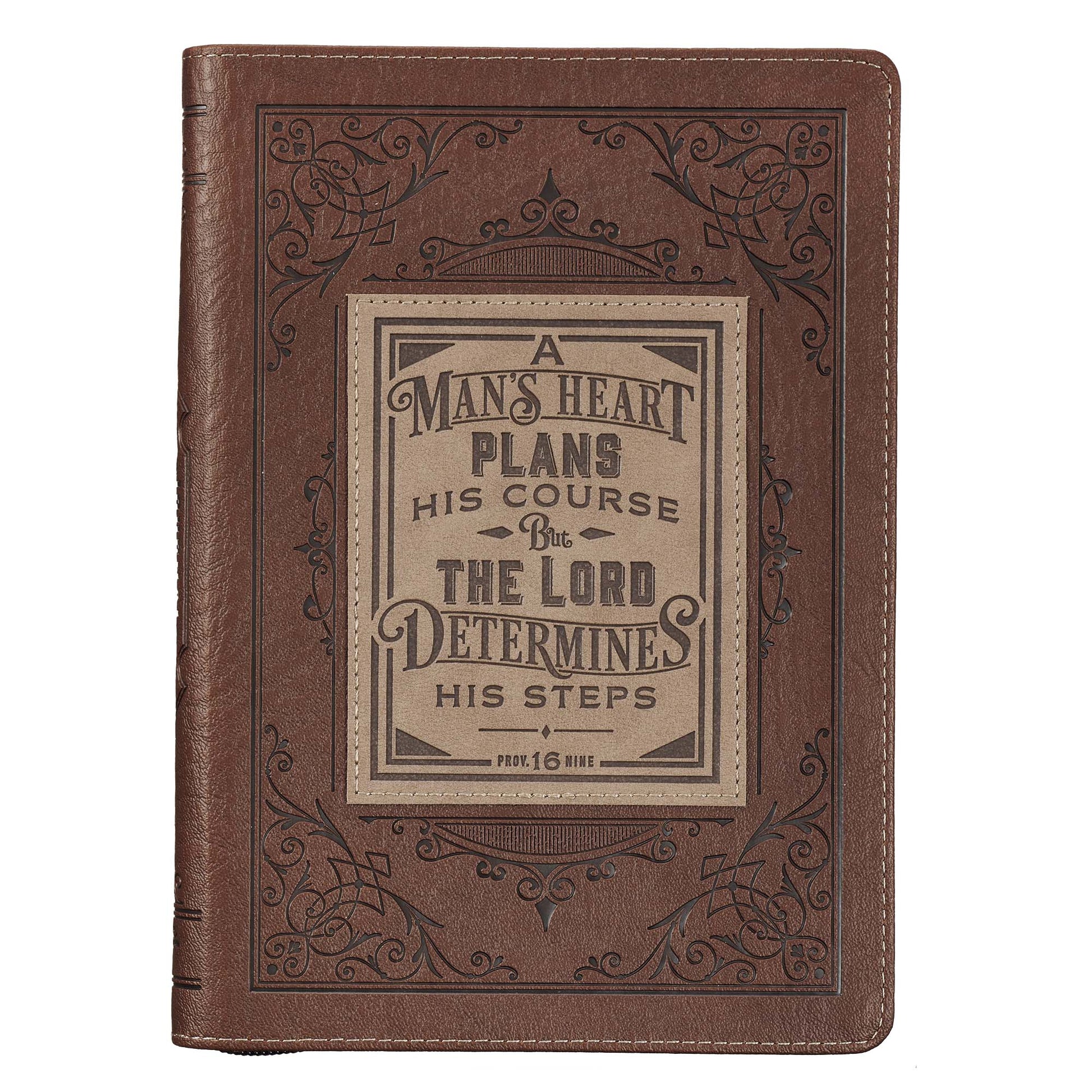 A Man's Heart Classic Faux Leather Zippered Journal in Brown - Proverbs 16:9 - The Christian Gift Company