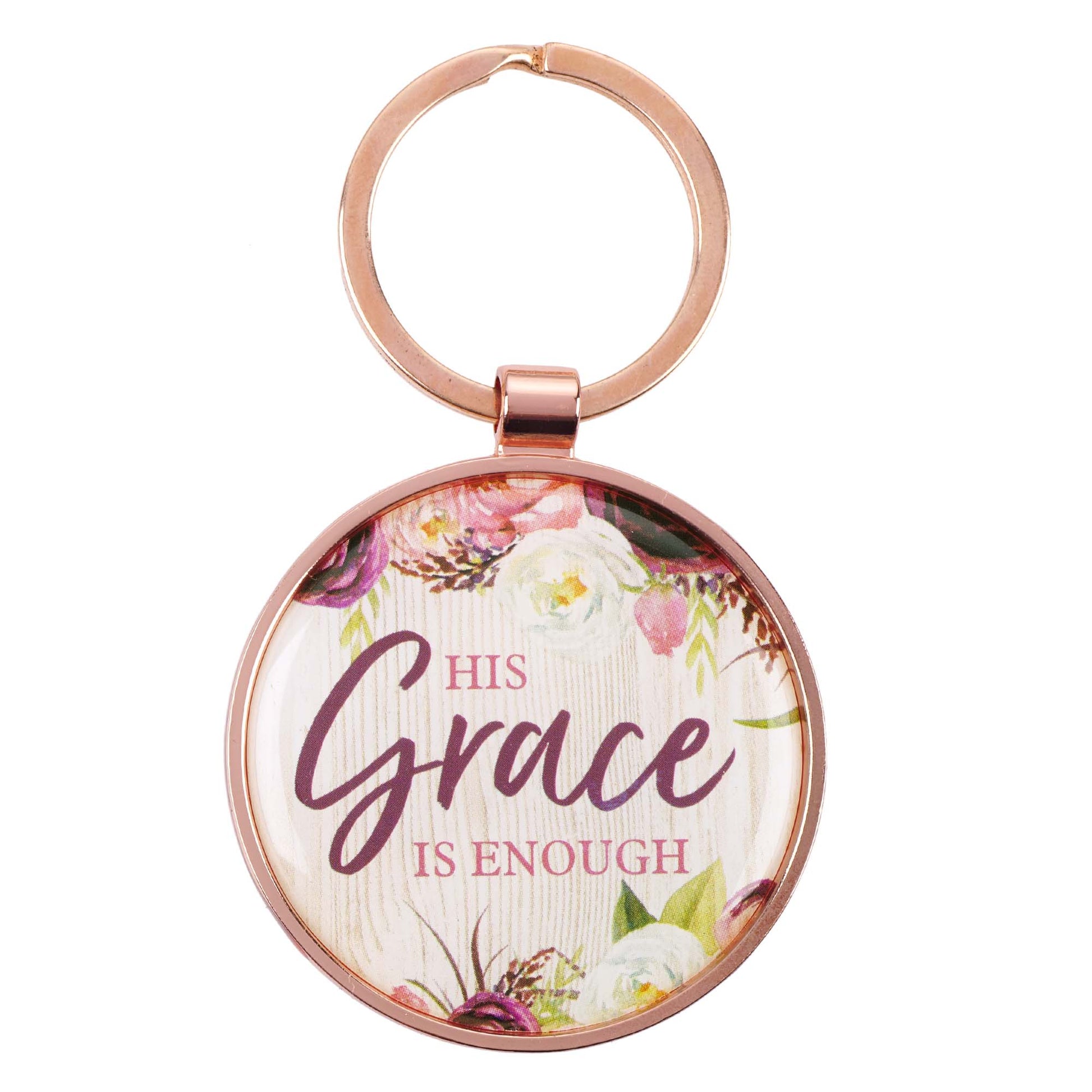 His Grace is Enough Pink Plum Key Ring in a Tin - 2 Corinthians 12:9 - The Christian Gift Company