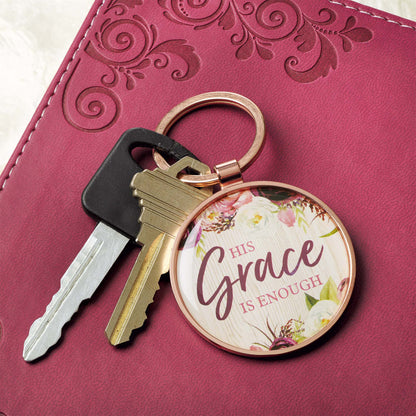 His Grace is Enough Pink Plum Key Ring in a Tin - 2 Corinthians 12:9 - The Christian Gift Company